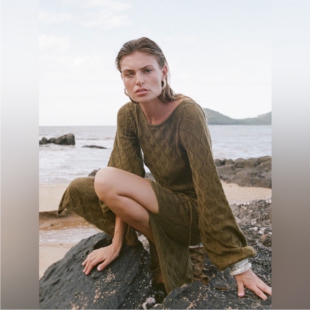 Kivari Claudia Scoop Back Cotton Knit MIDI Dress in Khaki Green